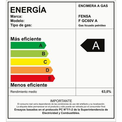 Encimera a Gas 4 Platos Fensa Vidro Templado y Encendido Eléctrico F GC60V A Negra