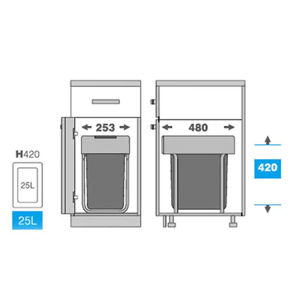 Basurero de 2 compartimentos con anclaje a puerta, capacidad 40 litros